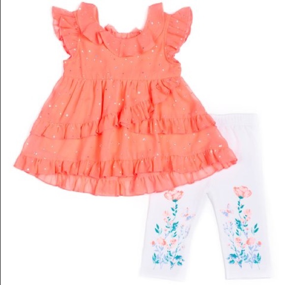 Little Lass Coral Babydoll Top & White Leggings